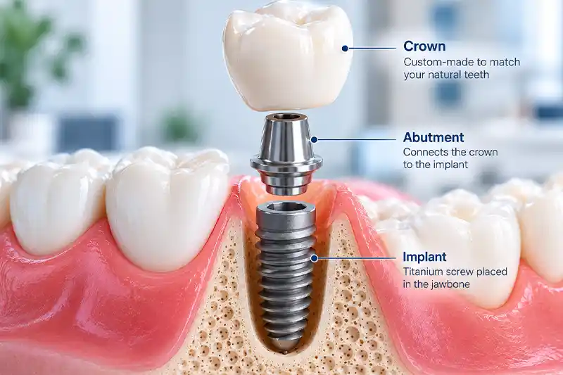 Dental implant parts including crown, abutment and implant