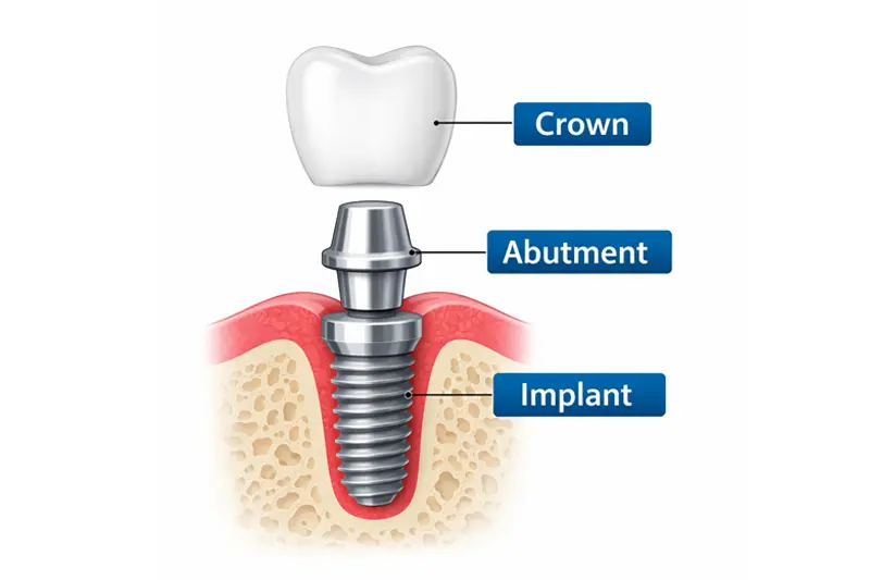 اجزای ایمپلنت دندان شامل پایه ایمپلنت، اباتمنت و تاج