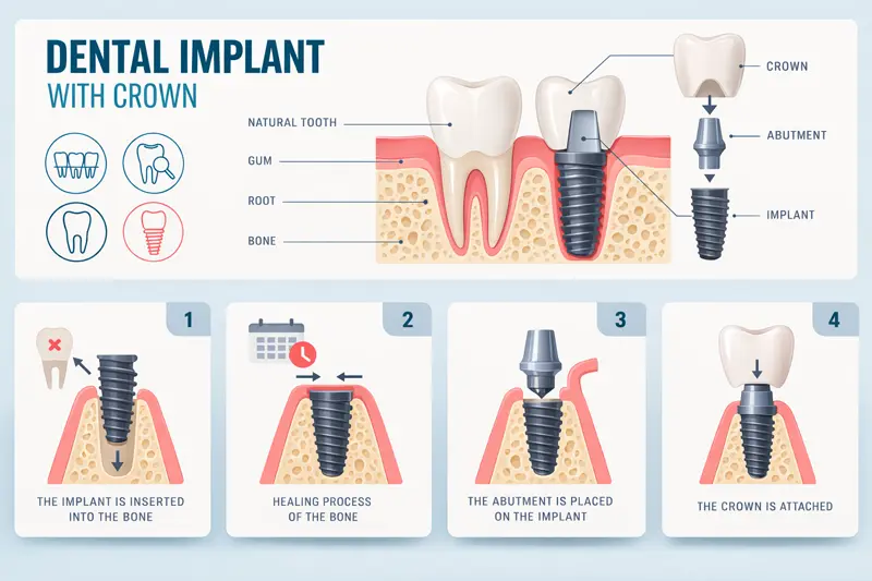 مراحل زراعة الأسنان: زرع الغرسة داخل العظم، مرحلة الالتئام، تركيب الأباتمنت ثم التاج