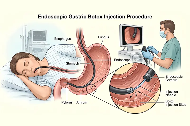 Mide botoksunun nasıl çalıştığını gösteren infografik, mide hareketinin yavaşlaması ve iştahın azalması