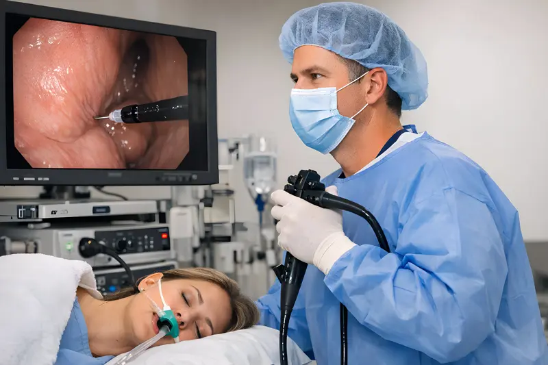 Procédure de botox gastrique réalisée par un médecin à l’aide d’un endoscope