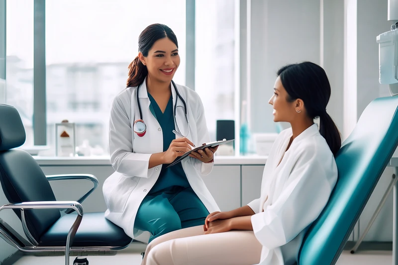 Modern bir klinikte doktor ve hasta arasında mide botoksu danışmanlığı