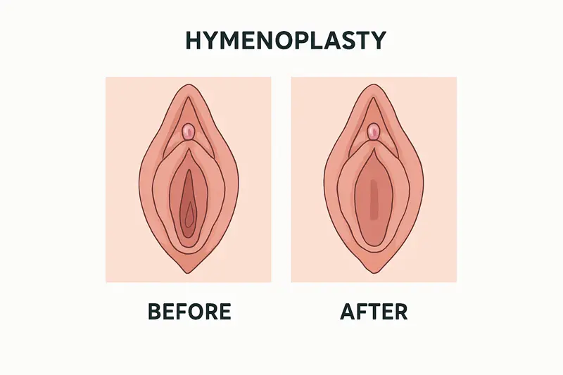 Ilustración médica que muestra el himen antes y después de la cirugía de reconstrucción