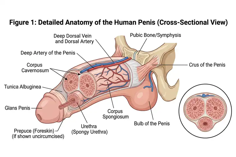 Penis anatomisini gösteren tıbbi çizim