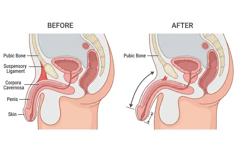 Penis büyütmede bağ serbestleştirme işlemini gösteren tıbbi çizim