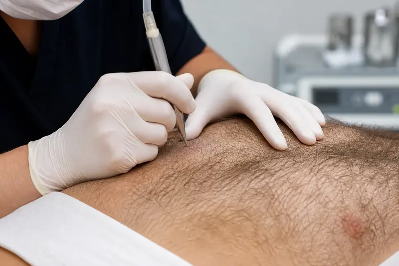 Extraction of chest hair grafts for a BHT hair transplant