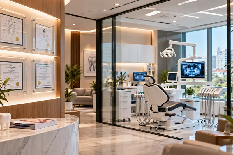 Modern diş kliniğinde tedavi odası, diş hekimliği ekipmanları ve klinik ortamı