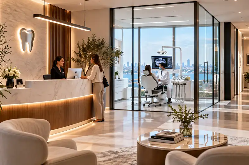 İstanbul’da modern diş kliniği, hasta kabul alanı ve tedavi odaları